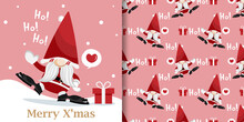 Christmas Holiday Season Banner With Merry Xmas Text And Seamless Pattern Of Santa Claus And A Gift Box On Snow Floor With Ho Text And Heart Shape In Text Box On Pink Background With Snowflakes