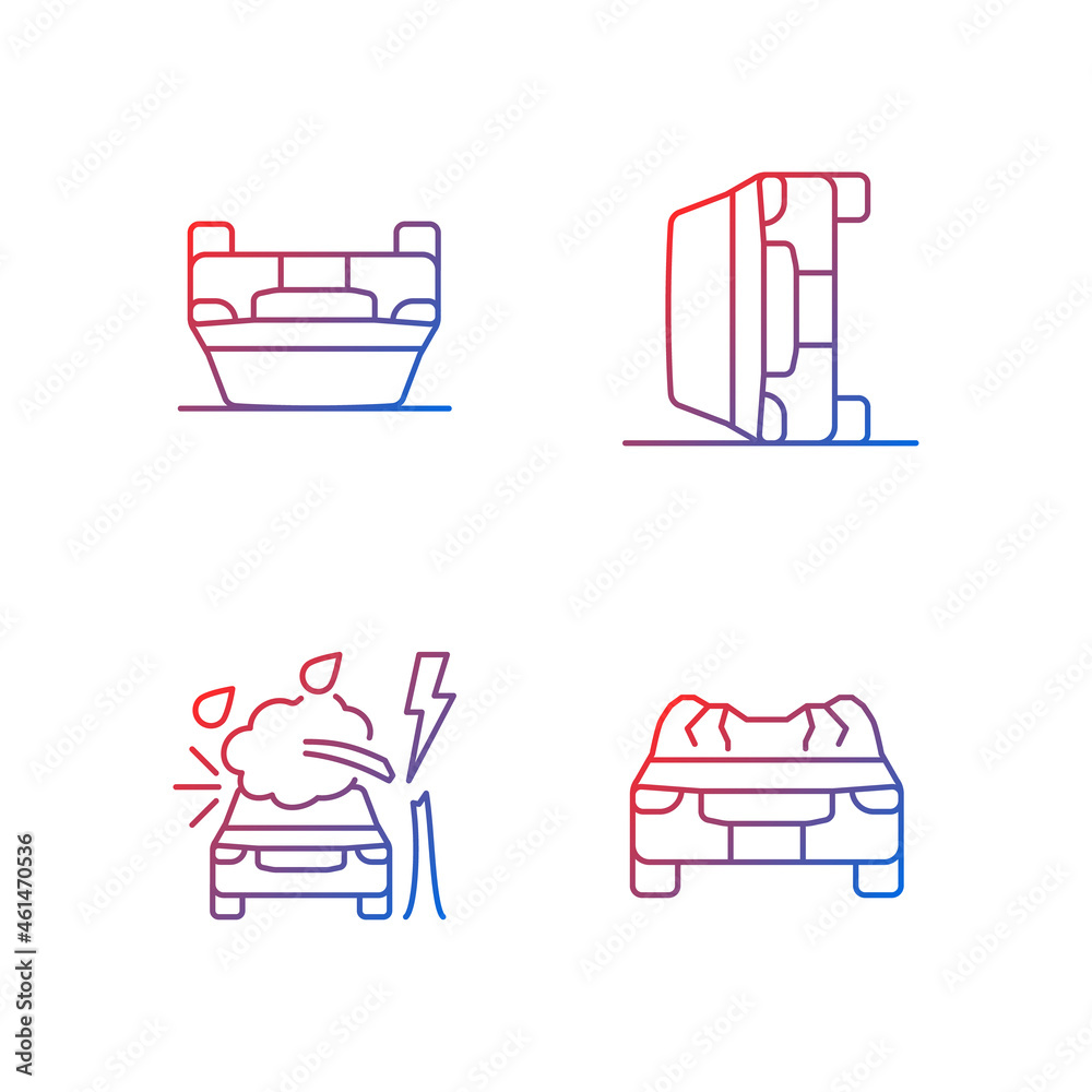 Motor vehicle collisions gradient linear vector icons set. Rollover ...
