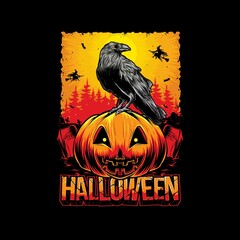 Wall Mural - halloween pumpkin head with crow vector