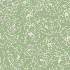 Wall Mural - Outline roses seamless repeat pattern. Cottage core, random placed, vector line art flowers all over surface pattern with sage green background.