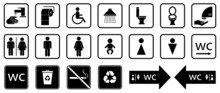Different Icons For Restroom, Toilet, Wc Signs. Men, Woman, People With Disability, Shower, Child. Vector Flat Design
