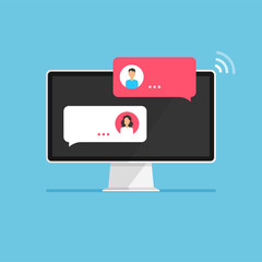 Online chat concept. Dialog speech boxes on monitor screen. Chatting on computer display. Flat design of messaging bubbles. Vector illustration.