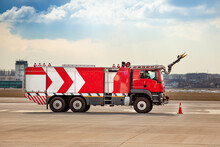 New Red Fire Truck At The Airport. Outdoor. Copy Space. Transportation Car. Airport Fire Engine