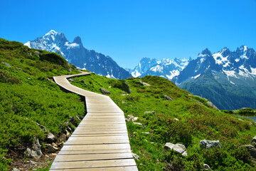 Poster - Wooden walkway in the mountain landscape. Nature Reserve Aiguilles Rouges, French Alps, France, Europe.