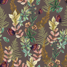 Watercolor Fall Autumn Butterfly Foliage Willd Field And Colorful Leaf Hand Drawn Floral Illustration Seamless Pattern Repeat Background