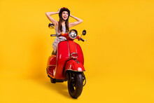 Full Length Body Size Photo Girl Riding Motorbike Looking Copyspace Amazed In Helmet Isolated Vivid Yellow Color Background