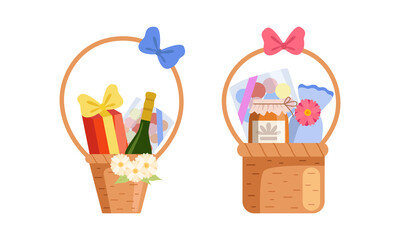 Sticker - Holiday Present with Wicker Basket Full of Gifts for Special Event Vector Set