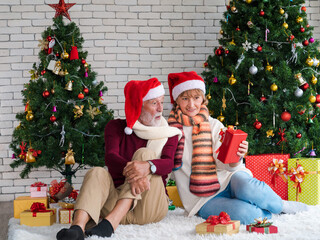 Wall Mural - senior couple with Santa Claus hat holding and looking at present with excited face while sitting next decorated Christmas tree in living room. surprise gift from wife. romantic winter holiday.