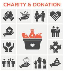 Wall Mural - Charity icon set. Collection of handshake, donate, volunteer, help, and more.