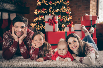 Poster - Photo of people family lay floor relax comfortable place wear sweater in decorated x-mas home indoors