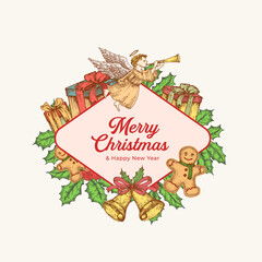 Wall Mural - Christmas and New Year Colorful Greeting Card with Rhombus Frame Banner and Cute Typography. Season Holiday Greetings Label or Sticker Layout with Hand Drawn Angel, Holly and Gifts. Isolated