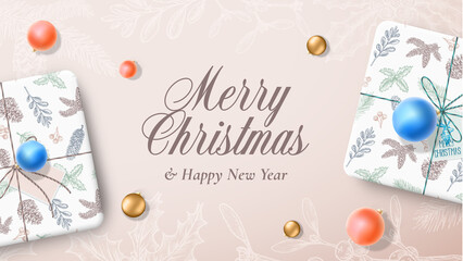 Wall Mural - Christmas Gift Boxes Banner or Greeting Card. Abstract Vector Wrapped Paper Containers with Greetings Tag and Toy Balls. Hand Drawn Xmas Holiday Background with Patterns