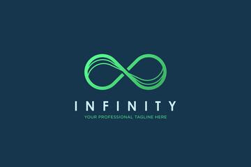 Poster - Simple Infinity Logo. Green Line Waves Infinite Symbol isolated on Blue Background. Flat Vector Design Template Element for Branding Business and Technology Logos.