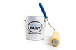a clean paint brush and roller leaning on a gallon pail of paint with a fake, generic, white paint label isolated on white