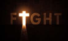 Fight Cross Door Light In Dark Big Concrete Hall. Fight World Letters On Grungy Wall With Glowing Cross Light Doorway. Self Fighting For Faith Concept. Salvation And Religion   