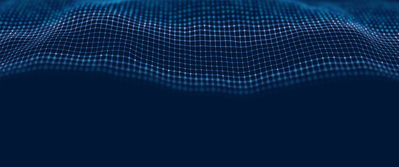 Wave of blue particles. Abstract technology flow background. Sound mesh pattern or grid landscape. Digital data structure consist dot elements. Future vector illustration.