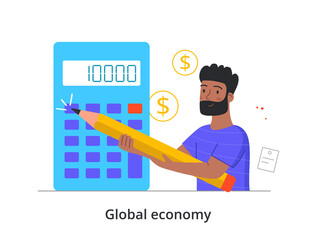 Poster - accountant with calculator concept. man analyzes expenses and income of company or family. stable fi