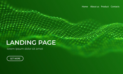 Abstract landing page background with green particles. Flow wave with dot landscape. Digital data structure. Future mesh or sound grid. Pattern point visualization. Technology vector illustration.