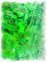 Green Circuit Board Watercolor Style Illustration Impressionist Painting.