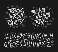 Rock N Roll Vintage Sign And Grunge Style Font Alphabet Vector Template. Set Of Rock'n'roll Doodle  Collection For Print Stump Tee And Poster Design. Punk Rock Music Type Font