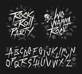 rock n roll vintage sign and grunge style font alphabet vector template. set of rock'n'roll doodle c