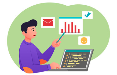 Poster - man analyzes graphs. worker sits with laptop and draws up tables. search for solutions, growth of co