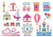 Amusement park attractions, fairground rides, carnival elements. Cartoon circus tent, carousel, rollercoaster, funfair games vector set. Shooting range, castle and ice cream for excitement
