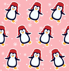 Wall Mural - Penguins seamless pattern. Cute baby penguins in winter clothing and hats, christmas arctic animal, kids textile or wallpaper vector texture.