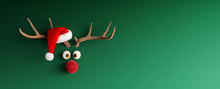 Reindeer With Red Nose And Santa Hat On Green Christmas Background 3D Rendering, 3D Illustration