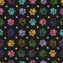 Colorful Doodle Paw Print Seamless Fabric Design Black Background Pattern