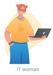 Poster - female programmer concept. woman holds laptop in her hands and develops new digital products. inform