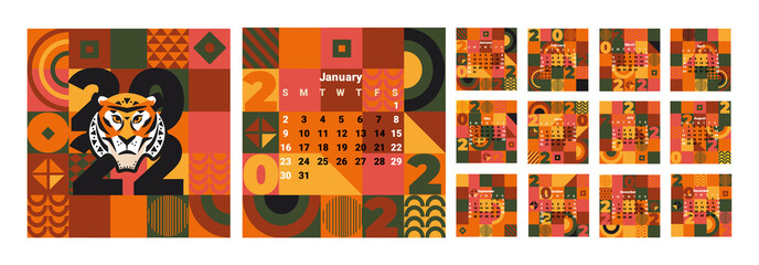 Wall Mural - 2022 Monthly Wall Calendar with 12 month on geometric background with tiger's face as new year symbol. Week starts on Sunday.Template design for organizer and planner in new year.Vector illustration.
