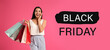 © New Africa - Black Friday Sale. Beautiful young woman with shopping bags on pink background, banner design