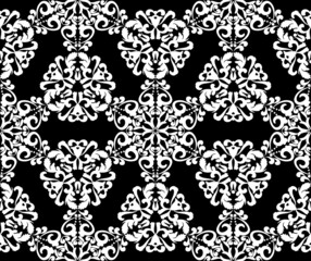 Poster - White lace ornament on a black background. Abstract floral seamless pattern. Vintage texture for fabric, tile, wallpaper or packaging.