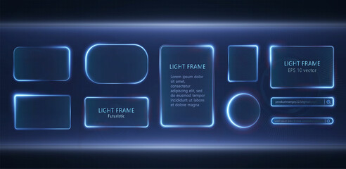 Collection of futuristic hud light blue frame. Technological background. Light glass blue frames square, oval, rectangle, circle. HUD PNG. Vector Illustration.