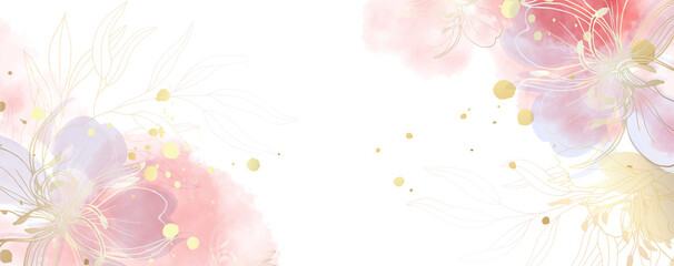 luxurious golden wallpaper. banner with flowers. watercolor pink, blue, lilac spots on a white backg
