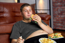 Overweight Boy With Fast Food On Floor Near Sofa At Home, Eating Junk Food, Lazy Fat Teenage Boy In Casual Wear At Home Alone, Having No Control In Eating Behavior. Lifestyle, Overeating Concept