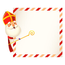 Saint Nicholas Or Sinterklaas On Left Side Of Greeting Card - Template - Vector Illustration Isolated