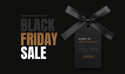 Sticker - Black Friday Sale Banner. Discount background with black label and black ribbon with bow. Vector 