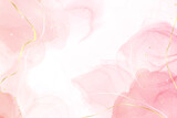 Fototapeta Kwiaty - Pastel rose pink liquid watercolor background with golden cracks. Blush marble alcohol ink drawing effect. Vector illustration design template for wedding invitation, menu, rsvp