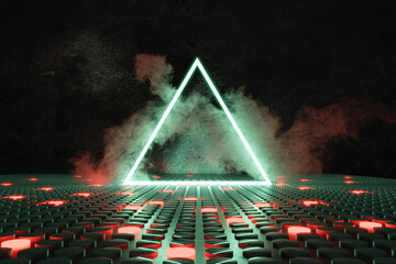 Fototapete - 3d rendering of green neon triangle on shining button floor and surrounded by smoke