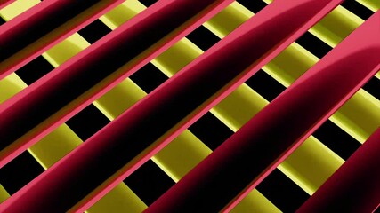 Poster - Moving colorful stripes crossed by another layer of 3D lines, tech background. Design. Horizontal metallic glowing stripes, seamless loop.