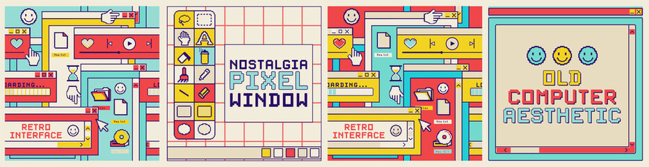 Nostalgia user interface template for square social media post, seamless patterns, frame for slogan.Old computer pixel window with window boxes and folders. Sticker pack of retro computer elements.