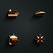 Set Cargo Ship, Speedboat, Tsunami And Wind Rose Icon With Long Shadow. Vector