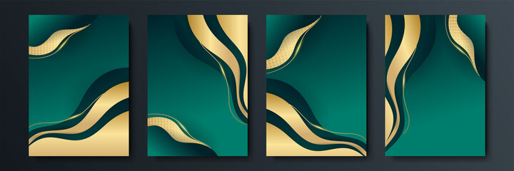 Design of vector minimalistic covers with gradient and geometric intersecting line shapes. Dark green and gold banner design. Modern cover templates set