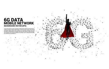 Fototapete - Superhero with Polygon dot connect line shaped 6G mobile network. Concept for mobile phone data technology.