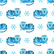 Blue tiger with snowflakes on a white background. Seamless pattern with the symbol of the new year 2022. Festive background with a watercolor ornament of animals. Cute Maltese tiger cub is lying down.