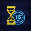The 15 minutes, stopwatch vector neon icon. Stopwatch icon in flat style, timer on on color background. Vector illustration