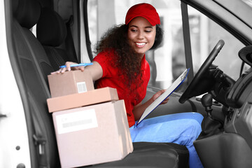 Sticker - African-American courier of delivery company sitting in car