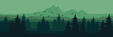 Green Mountain Forest With Bird Flying Silhouette Vector Illustration Good For Wallpaper, Background, Backdrop, Tourism Design And Design Template